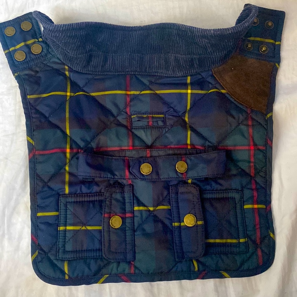 Ralph Lauren dog jacket. Hunter green and red and yellow stripes & plaid pattern